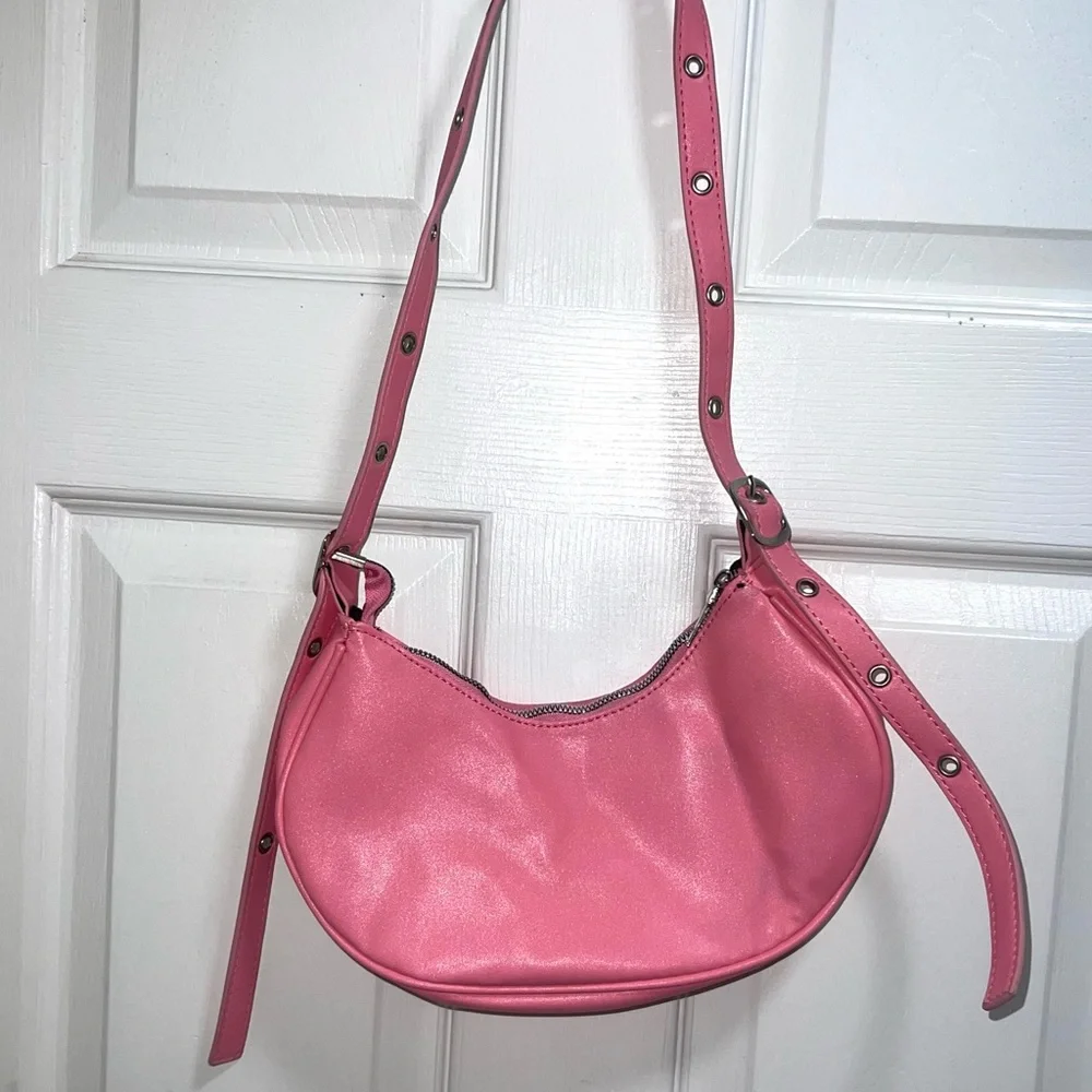 Pink Studded Shoulder Bag Small Crescent Moon Bag Trendy Y2K Style - Picture 3 of 4